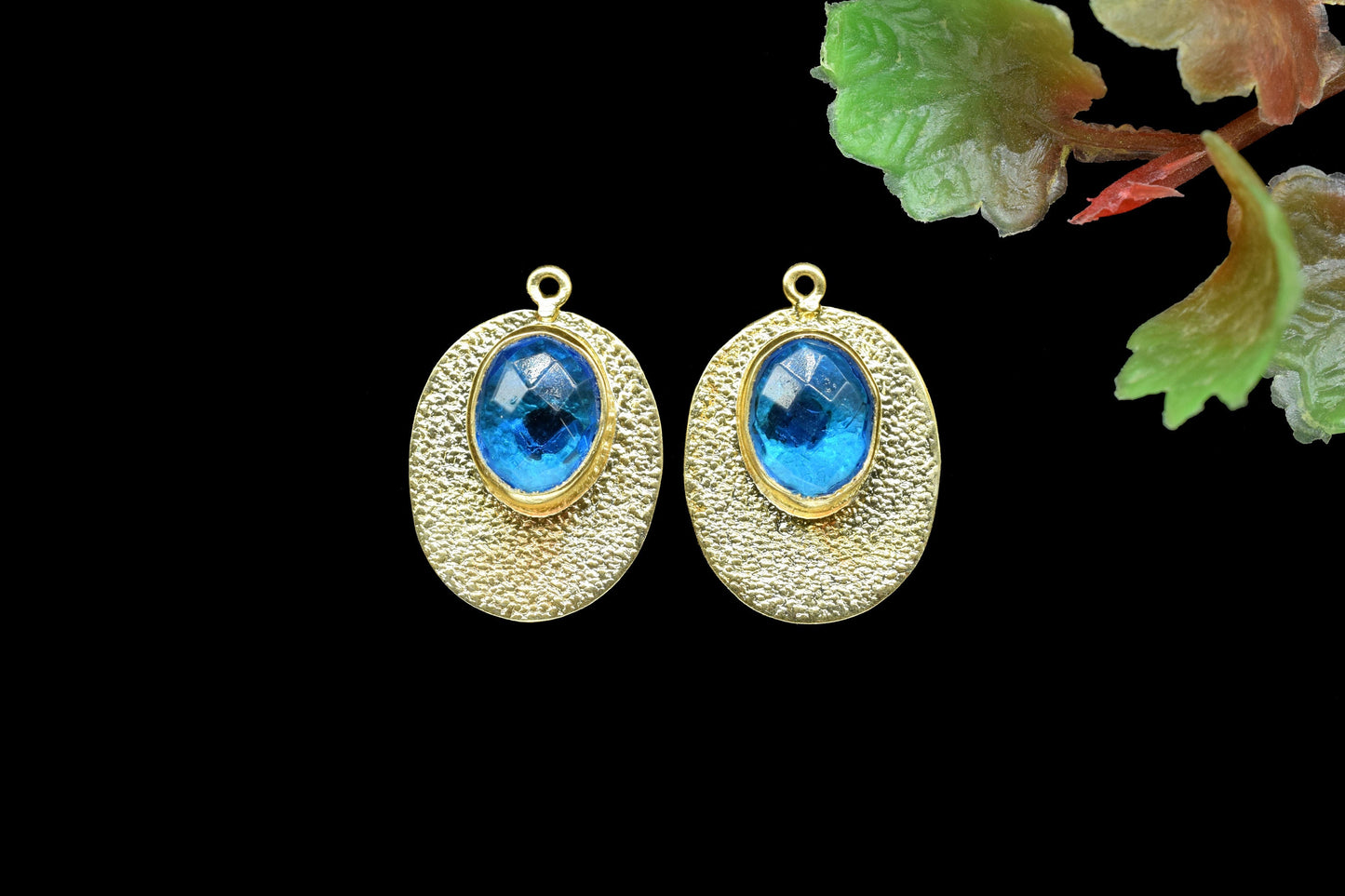 Blue Topaz Pendant Charms,Finding Oval Gemstone Component,Handmade Connector,Matt Pendant Charm,Gift