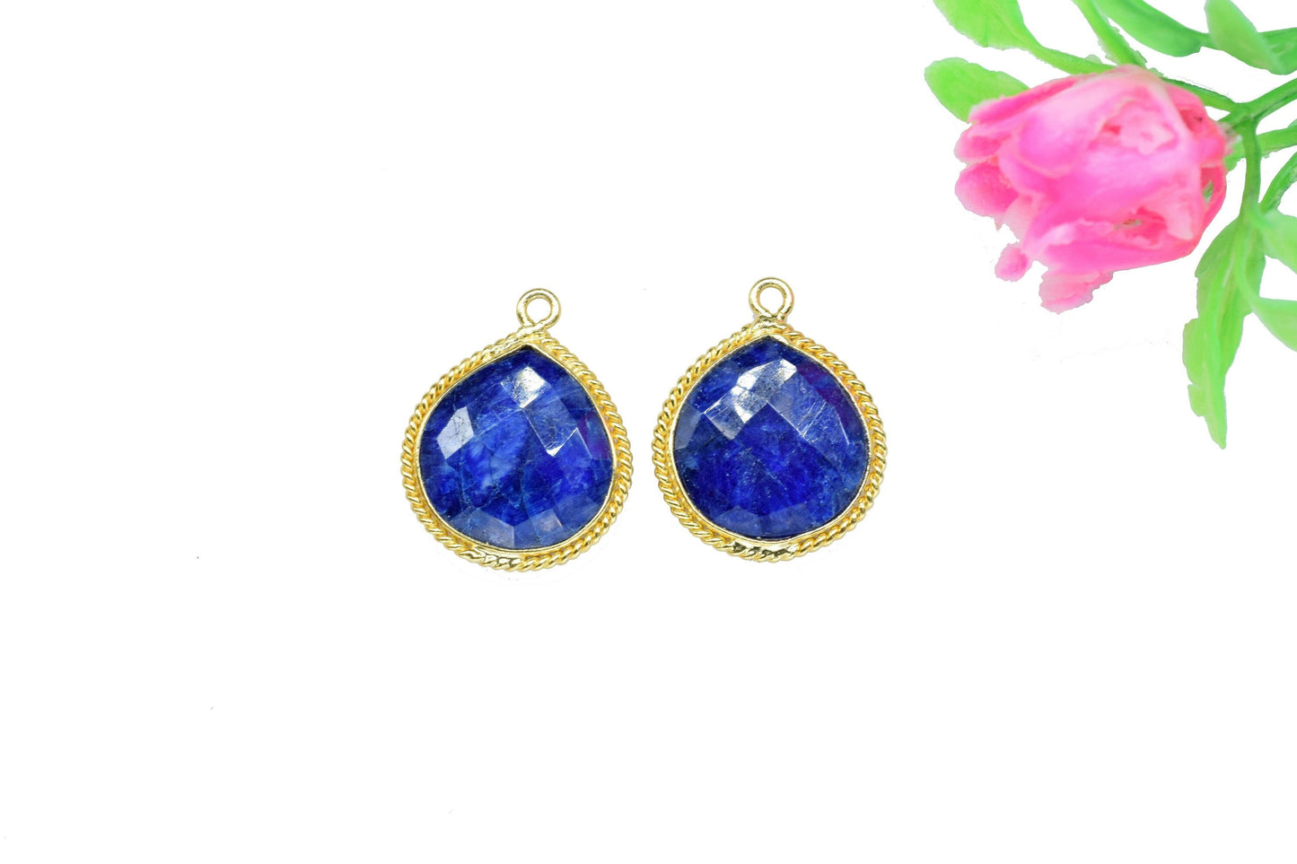 Blue Sapphire Charms 14mm Heart Shape Pendant,Sapphire Bezel Connector Gold Plated Jewelry,Sapphire Single Bail Connector,Sapphire Connector