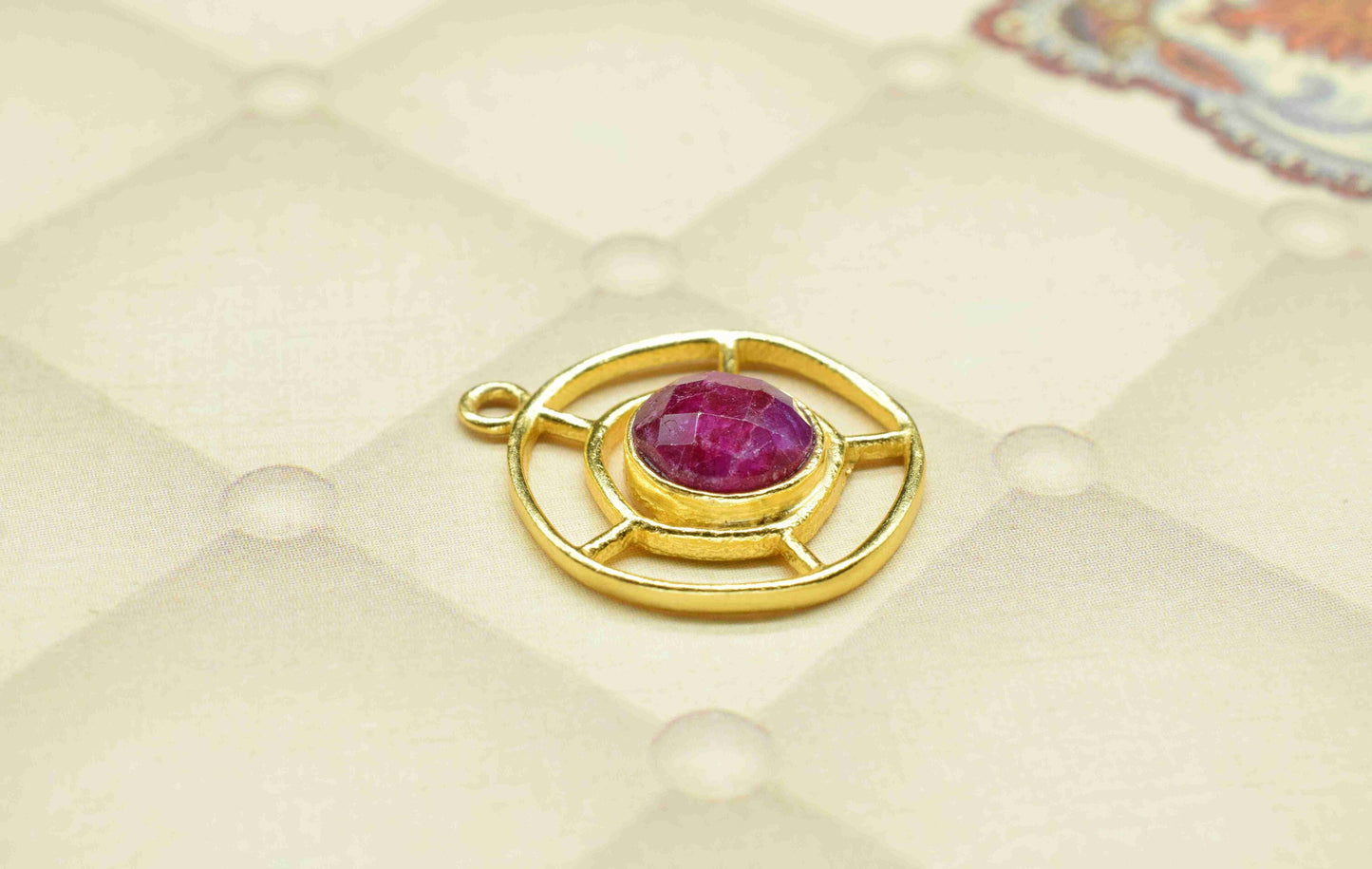 Ruby Gemstone Component, Single Bail Charm , Ruby  Connector Pendant , Gold Plated Connectors , Earring Component , B'day Gift