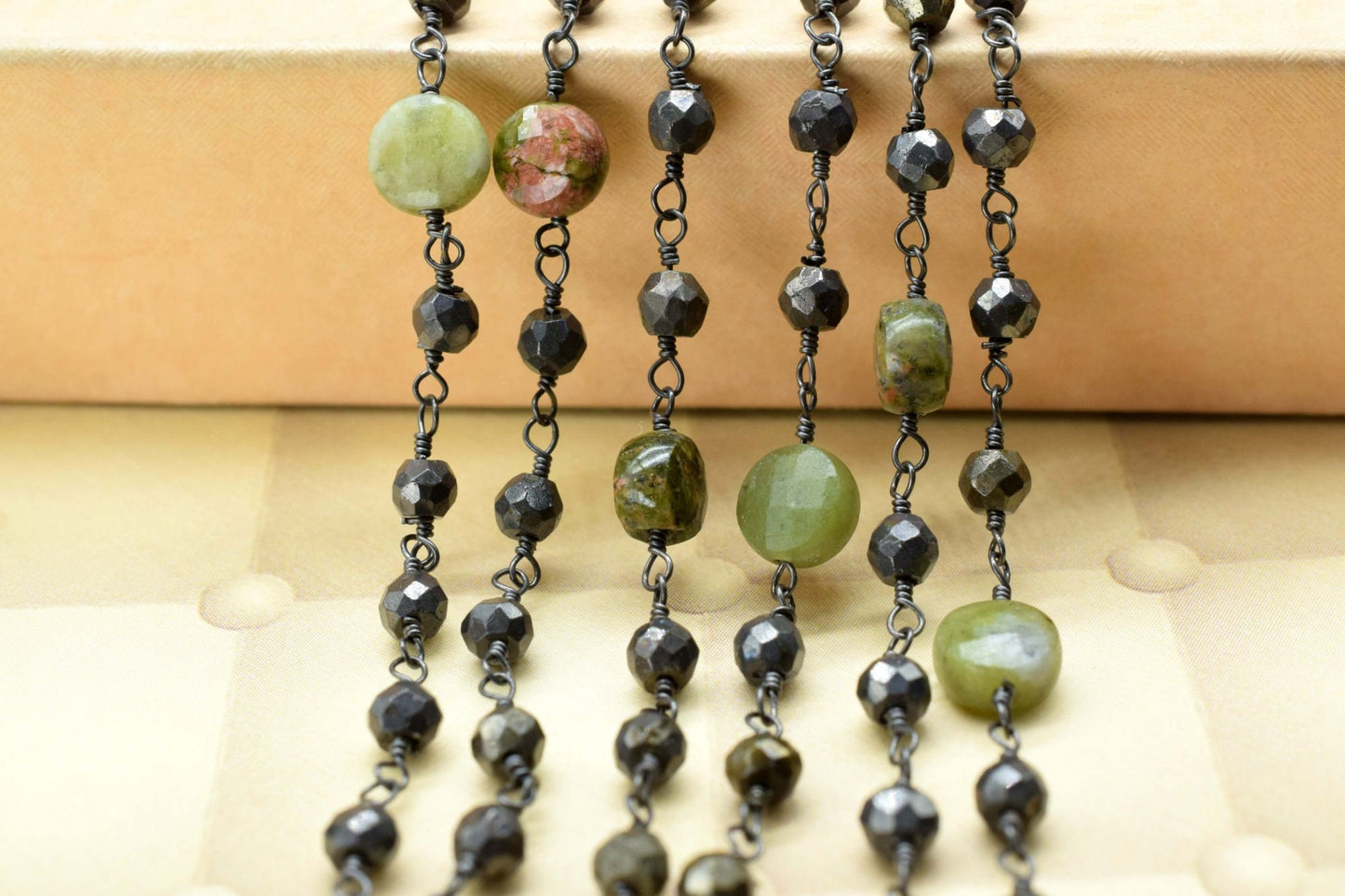 Natural Pyrite Rosary Chain, 3.5mm-4mm Faceted Beads, Black Plated Wire Wrapped Chain,Faceted Pyrite Bead,Gunmetal Plated Rosary,Chains,