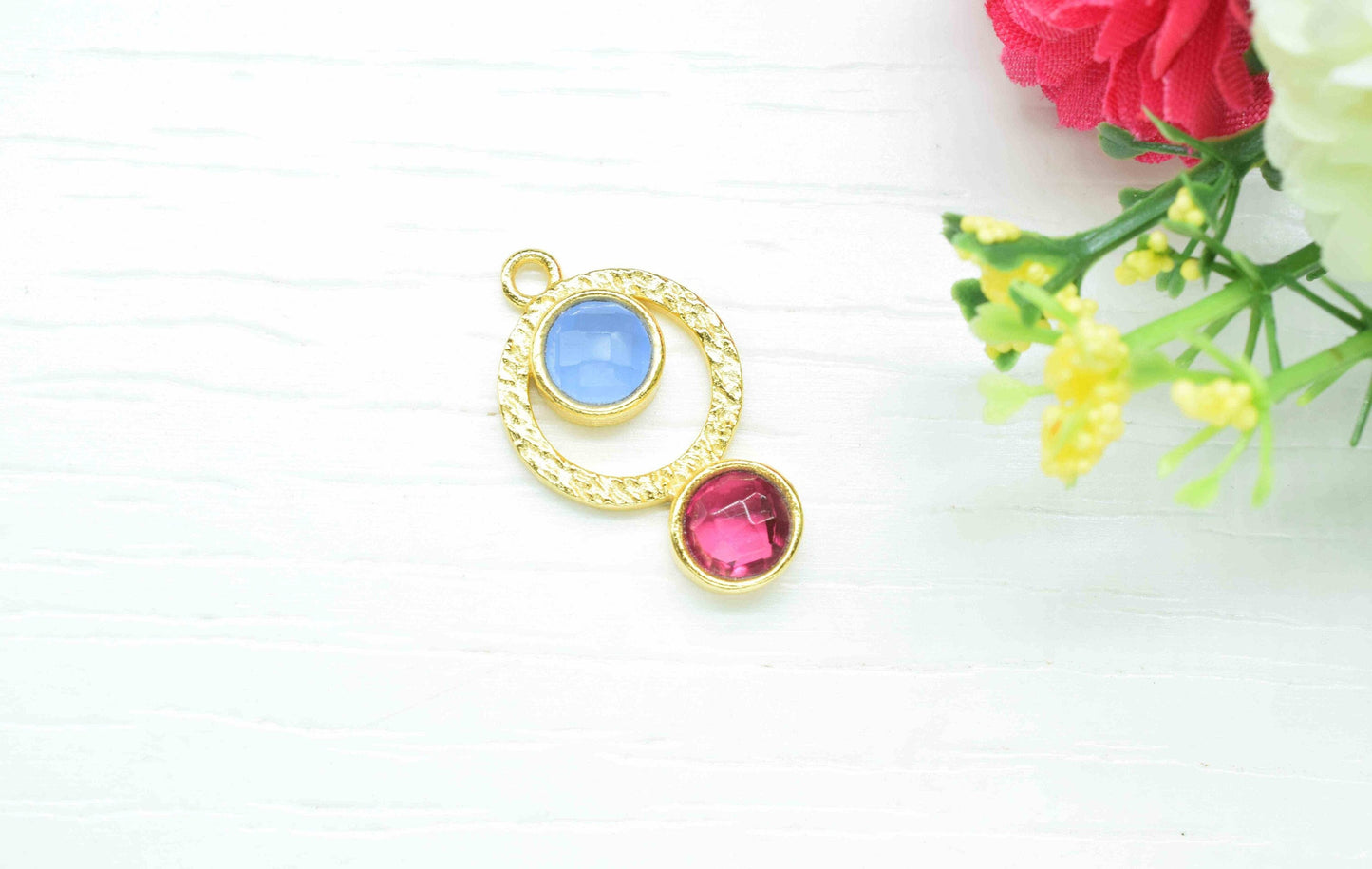 Blue Chalcedony Pendant , Single Bail Charm ,Pink Tourmaline Connector Pendant ,Gold Plated Connectors ,Single Bail Gemstone Connector Charm