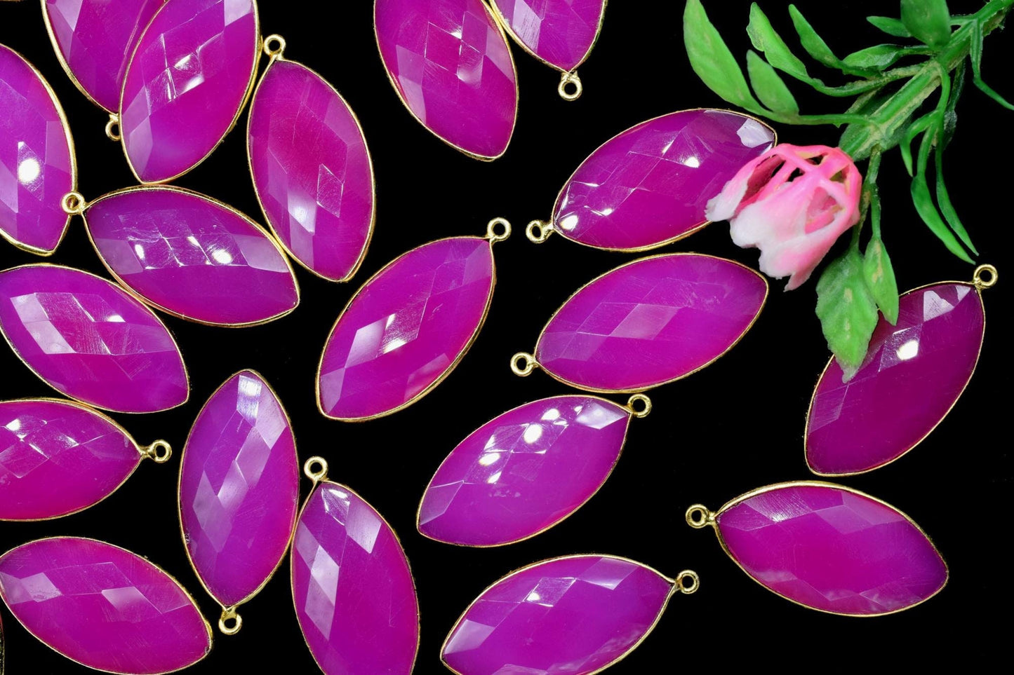 Hot Pink chalcedony 15x30mm Marquise shape pendant,chalcedony Bezel,Handmade Bezel,Gold-Filled bezel,Chalcedony charms, Gold Plated bezel