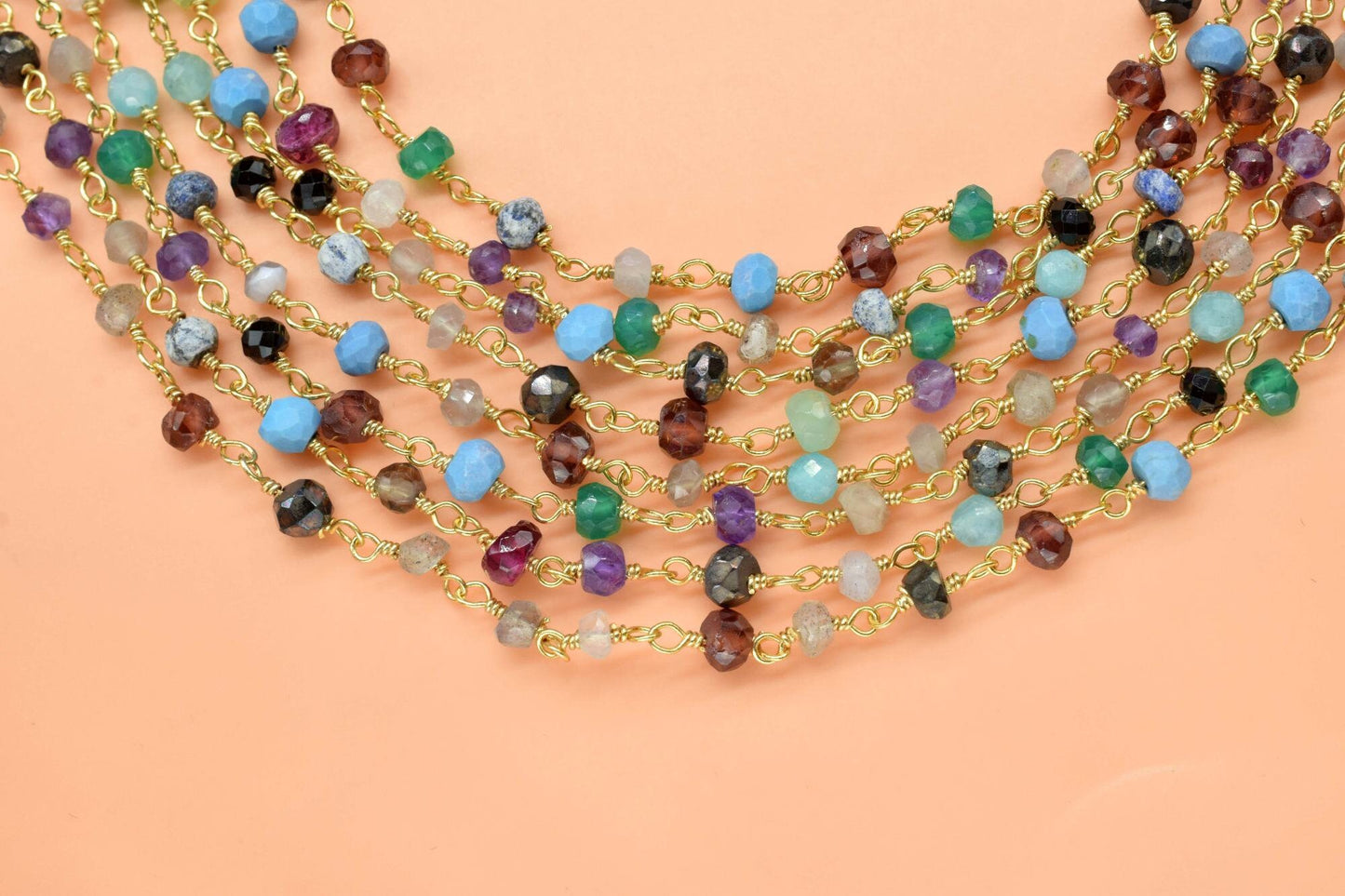Rosary Beaded Chain Multi Disco Faceted Rondelle beaded chain,multi gemstone rosary,gold plated beaded chain,Wire Wrapped Beaded Chain,