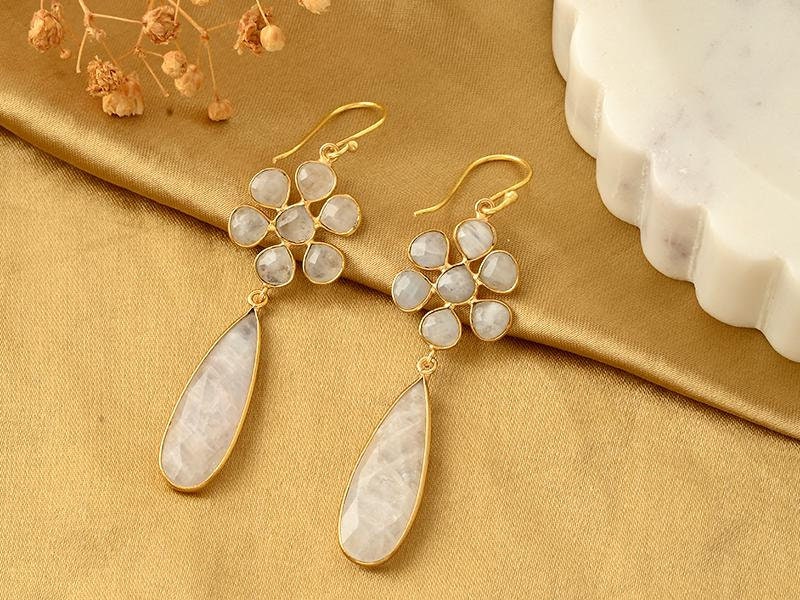 Natural Rainbow Moonstone Dangle Earring/Bridal Earring/Gold Plated Earring/Bridal Jewelry/Statement Earrings For Bridal/Moonstone Jewelry