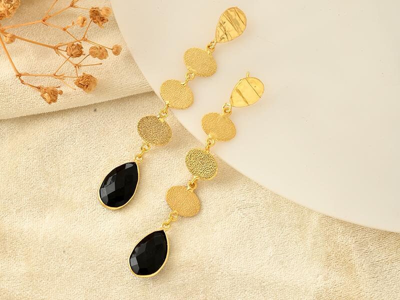 Black Onyx Dangle Earring/Gold Plated Earring/Black Onyx Gold Plated Earring/Wedding Jewelry/Texture Gold Plated Earring/Long Earring/Gift