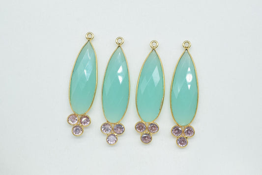 Aqua Chalcedony 10x30mm Pear shape Bezel charms,Aqua Chalcedony Pendant,Aqua Gemstone connector,Aqua Jewelry,Cubic zirconia Bezel charm,P121