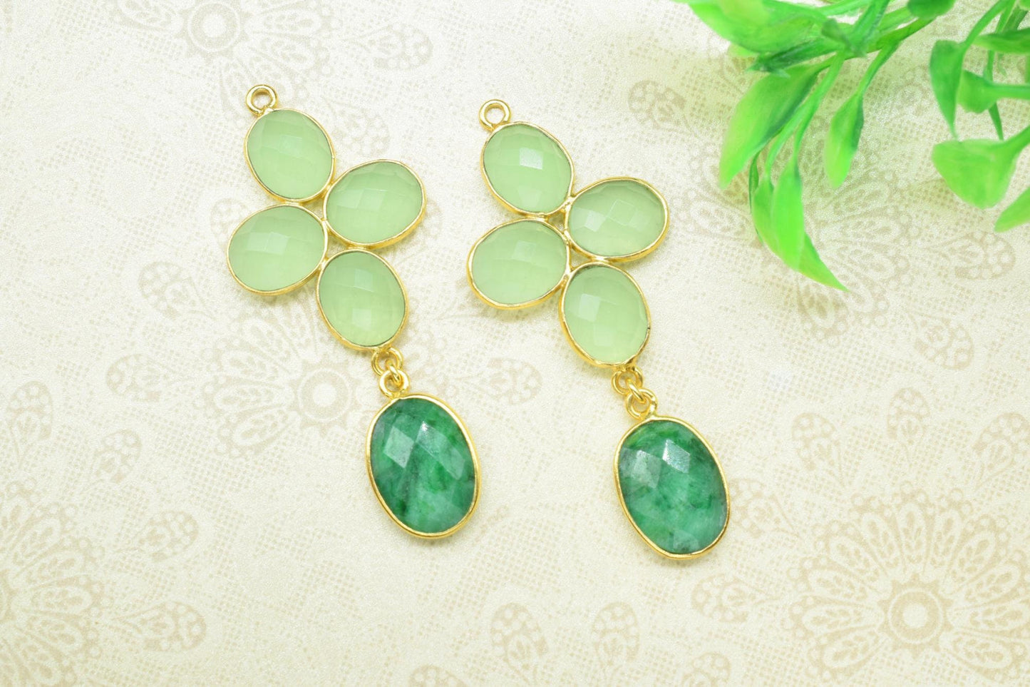 Prehnite Earring Connector,Mixed Gemstone Bezels Pendant Charm,Station Link Connector,Emerald Pendant Jewelry,Handmade Component Jewelry