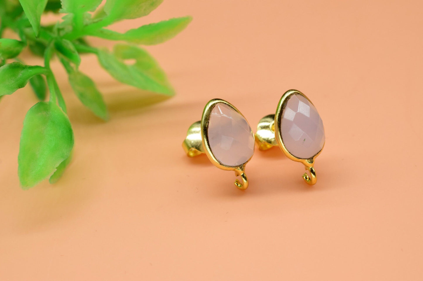Pink Chalcedony 7x10mm Earring Connector,Gemstone Connector Post Stud,Jewelry Supply,Earring Finding,Jewelry Making Connector,Ear Post Stud