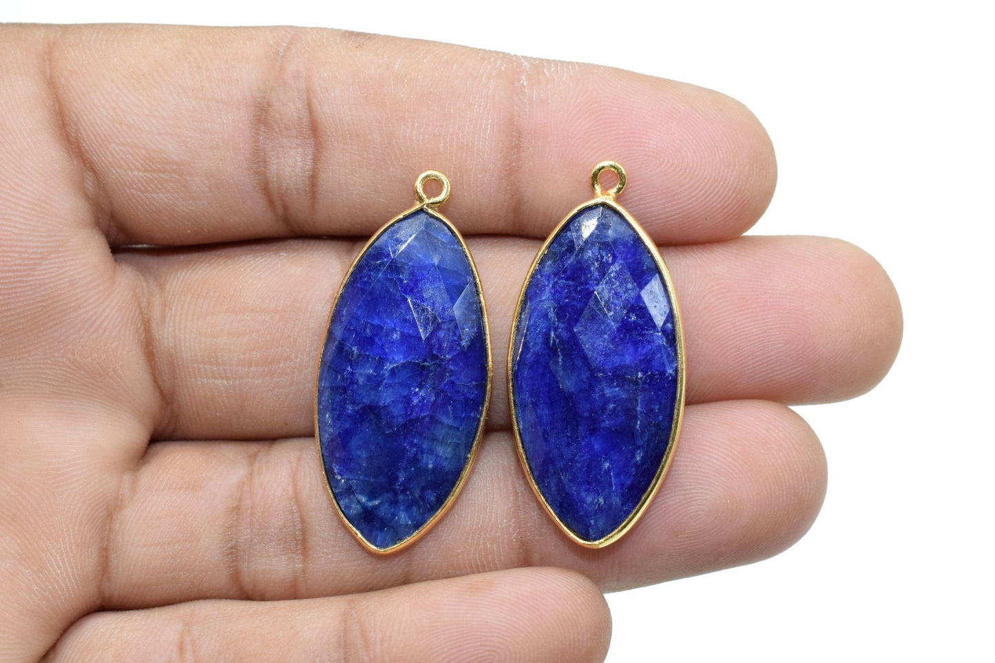 Blue Sapphire 15x30mm Marquise shape single bail connector,Sapphire Brass Gold Plated bezel,Sapphire Connectors,Sapphire gold Bezel Pendants