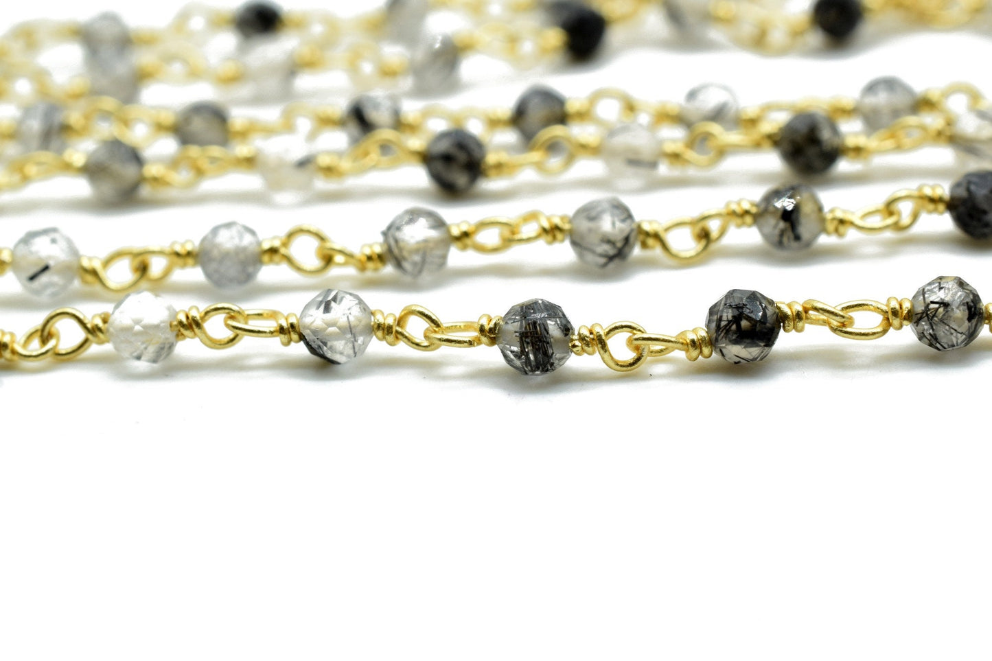 Black rutile 3mm Beaded Chain,Black Rutile Gemstone Rosary Chains, Tourmalated Quartz 3mm Faceted Beads,Rutile Wire Wrapped Rosary Chains