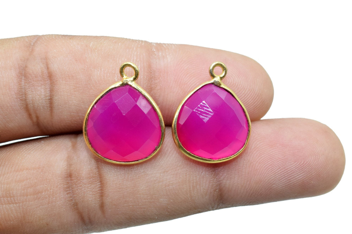 Pink Chalcedony 14mm Heart shape double bail connectors,Pink Chalcedony Round Gold Plated bezel,Jewelry making charms,Pink Brass connectors,