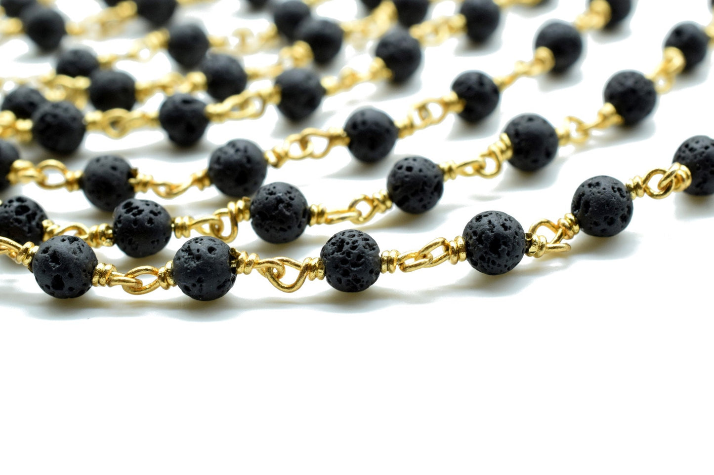 Black Lava Rock 4mm Round Beaded Wire Wrapped gold Polished Plated Chain - Beaded Chain,Black Lava Rosary Chain,Delicate Rosary Beaded Chain