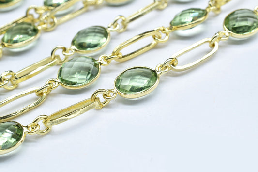 Green Amethyst link Chain,Green amethyst Bezel Chain,Amethyst Craft Rosary Connectors Chain,Jewelry, Brass Gold Plated Wire Wrap Chain