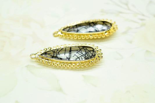 Black Rutile 10x30mm Teardrop Bezel Charm,Single Bail Pendant,Handmade Jewellery Connectors,Gemstone Brass Component,Handmade Connector,Gift
