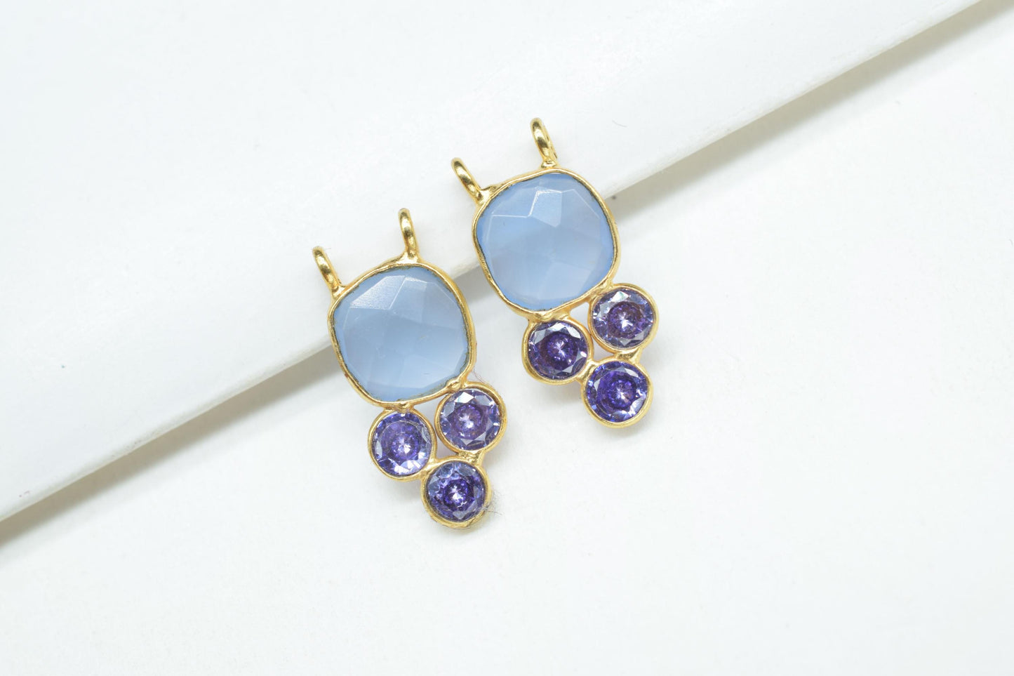 Blue Chalcedony 8mm Cushion shape Bezel charms,Blue Chalcedony Pendant,Gemstone connector,Chalcedony Jewelry,Cubic zirconia Bezel charm,p001