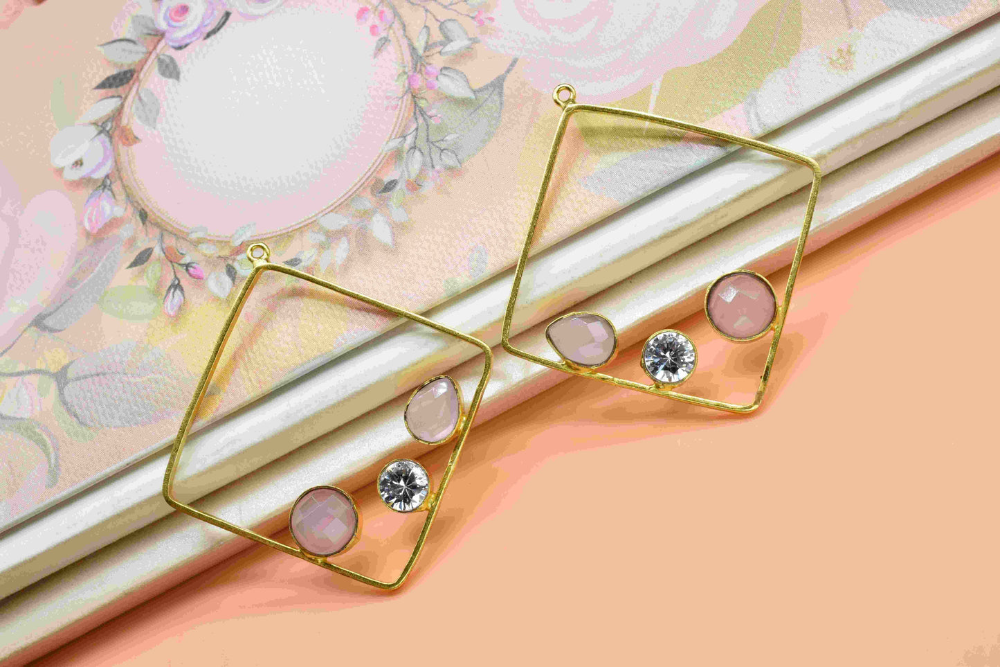 Rose Quartz Dangle Connector,Gemstone 32mm Square Shape Component,Handmade Earring,Finding Necklace Component Jewelry,Drop Earring Connector