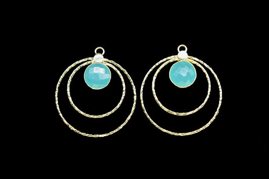 Aqua Chalcedony Round Bezel Connector,Aqua Earring Connector,Brass Textured Jewelry,Aqua Neacklace Pendant,Aqua Gemstone Jewelry,Mom's Gift