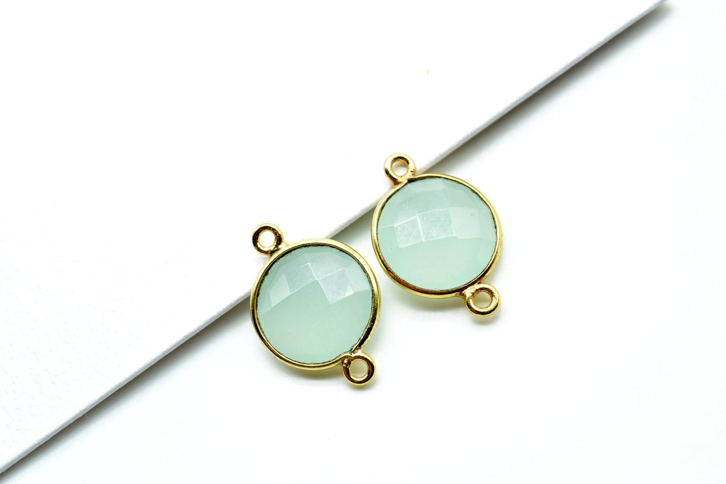 Aqua Chalcedony 12mm Round double bail connectors,Aqua Chalcedony Gold Plated Gemstone Bezel Connector,Aqua chalcedony Double Loop connector