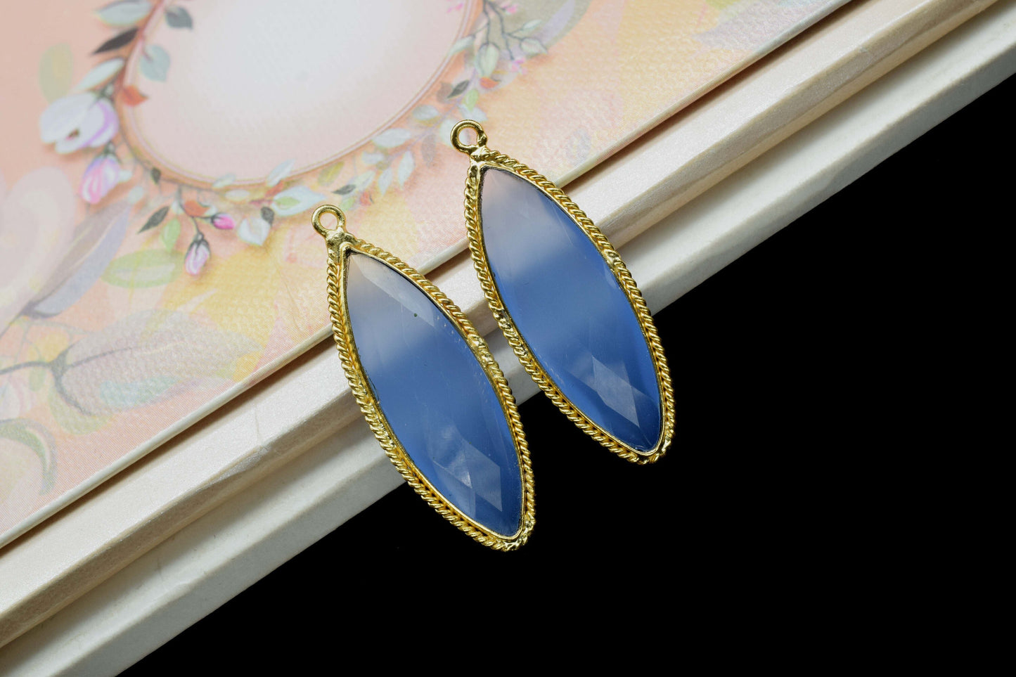 Blue Chalcedony Faceted 10x30mm Marquise Shape Connector,Blue chalcedony Single bail component,Blue Chalcedony Gold Plated Bezel Connector