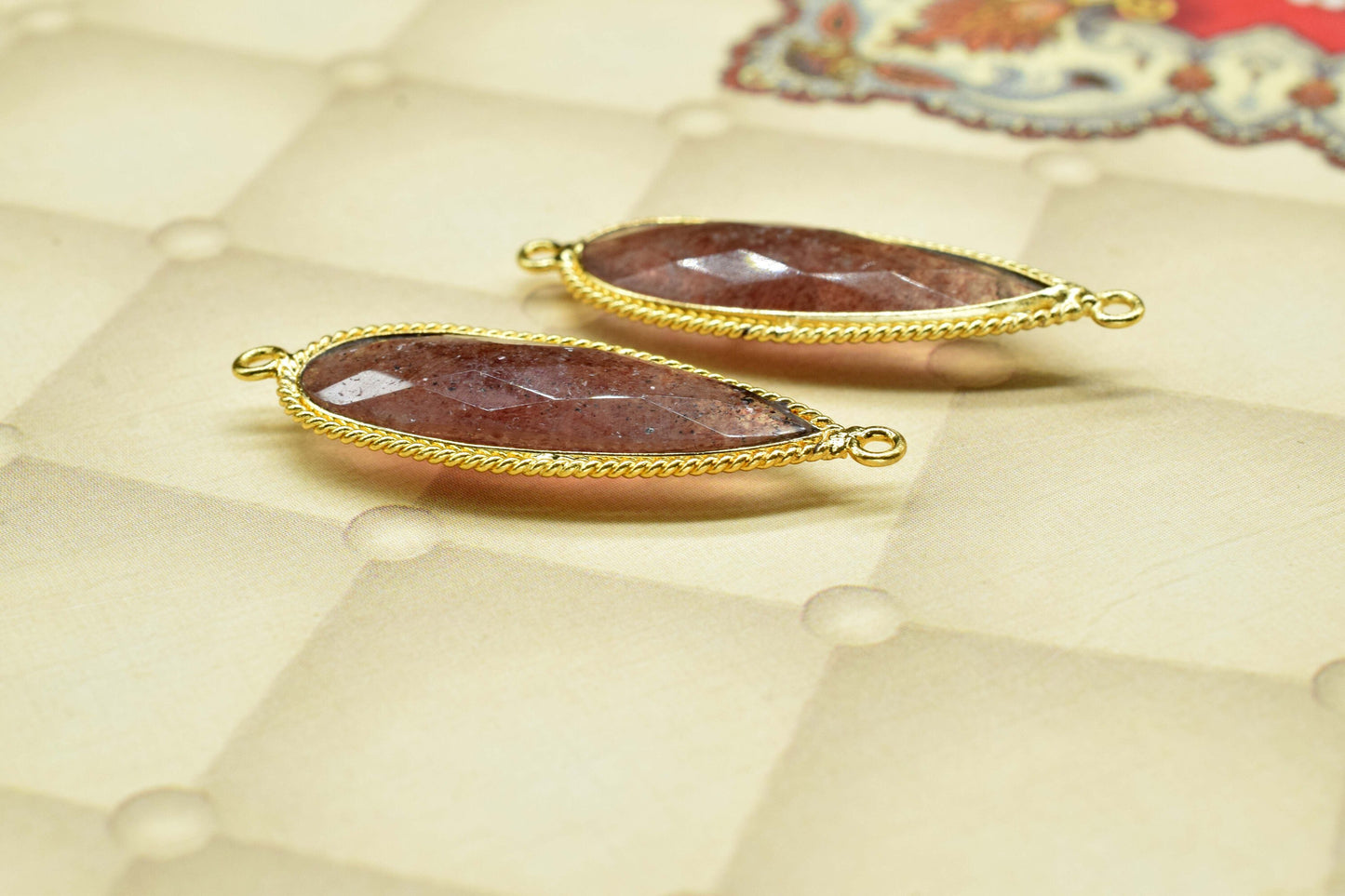 Pink Strawberry Gemstone Pendant,Strawberry Faceted 10x30mm pear shape Charm Connector Jewelry,Pink Strawberry Gold Plated Double Bail bezel