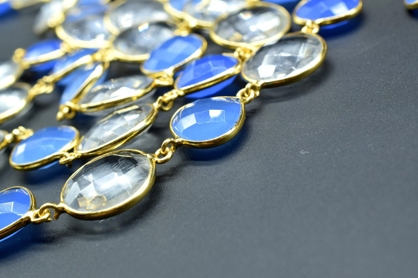 Blue chalcedony & Crystal Bezel Chain I Handmade Bezel Link Chain I Chalcedony Gold Plated Bezel Chain,,Gemstone Connector Chain Per Foot
