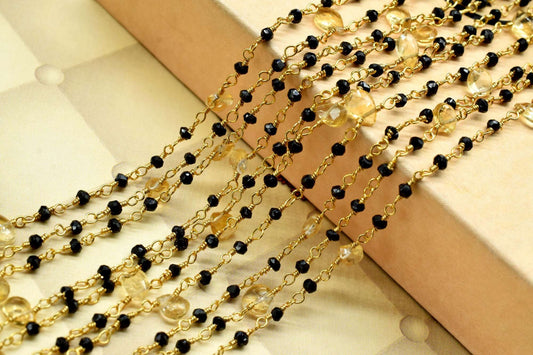 Black onyx Rosary Chain,Faceted Beaded Chain,Wire Wrapped gold Plated Chain,citrine briolette rosary,multi gemstone,handmade,jewelry making