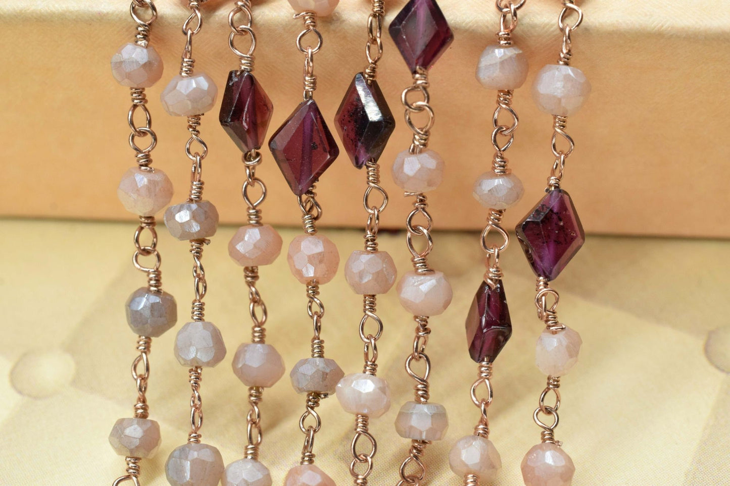 Chocolate/Peach Moonstone Gemstone Rosary Chain,3.5mm Faceted Beads, 24k Gold Plated Wire Wrapped Chain,garnet beaded chain,multi gemstone,