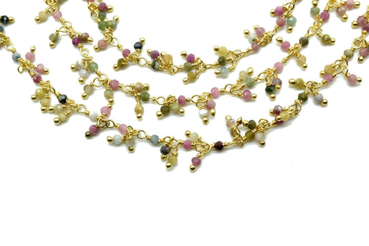 2 mm Natural Multi Tourmaline Faceted Gold Plated Cluster Rosary Chain,Wire Wrap Dangling Rosary,2 mm Beaded Chains,By Foot Finding Jewelry