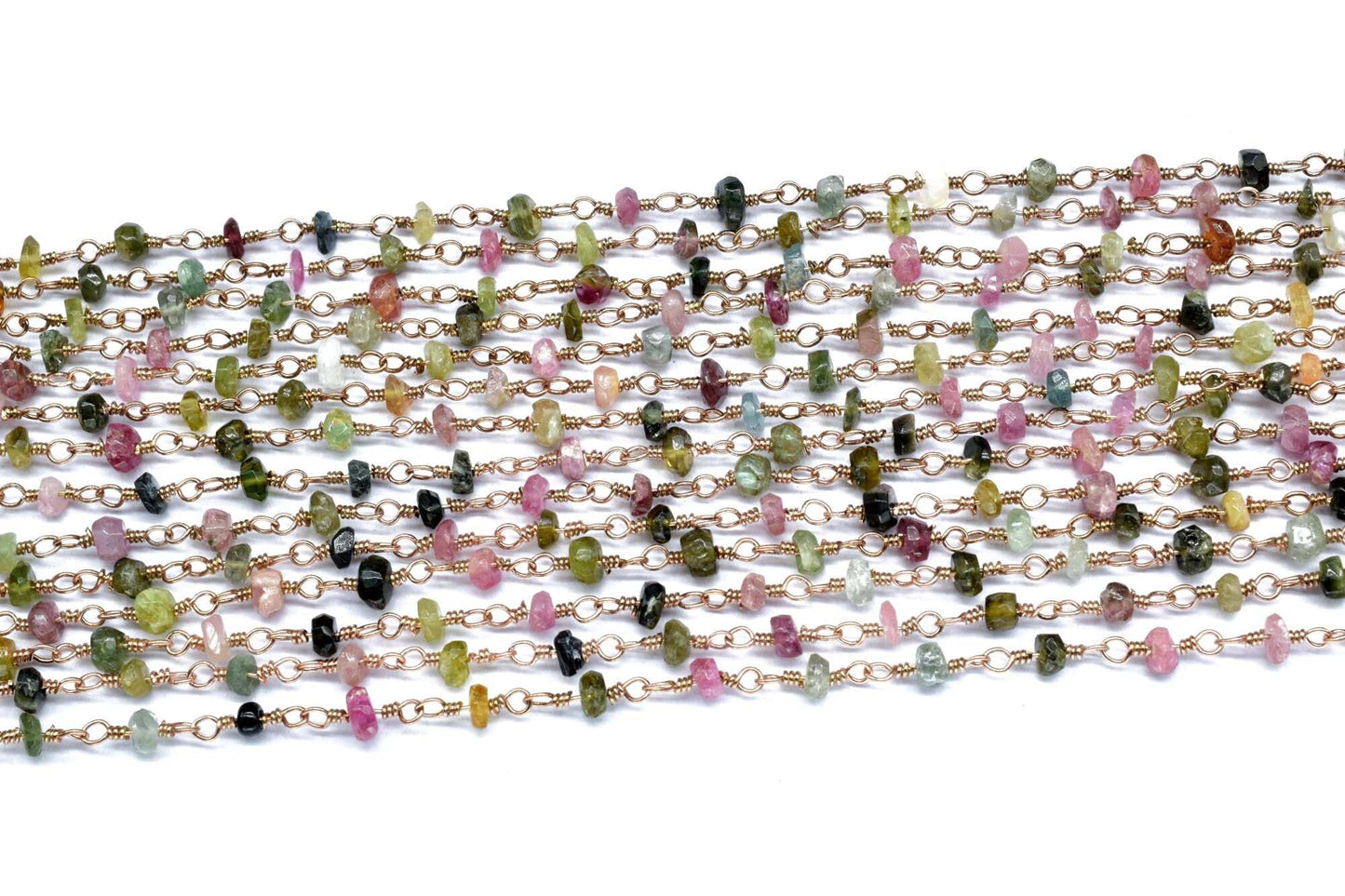 Multi Tourmaline Rosary Chain,Multi Tourmaline Wire Wrapped Rosary,3 to 3.5mm beaded chain,Natural Multi Tourmaline beaded Chain,gold chain