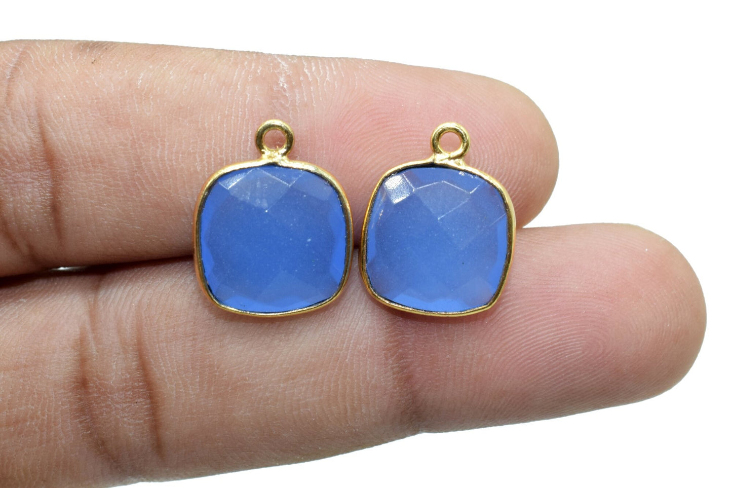 Blue Chalcedony 12mm Cushion Single bail connectors,Blue Chalcedony Gold Plated Gemstone Bezel Connector, chalcedony Single Loop connector