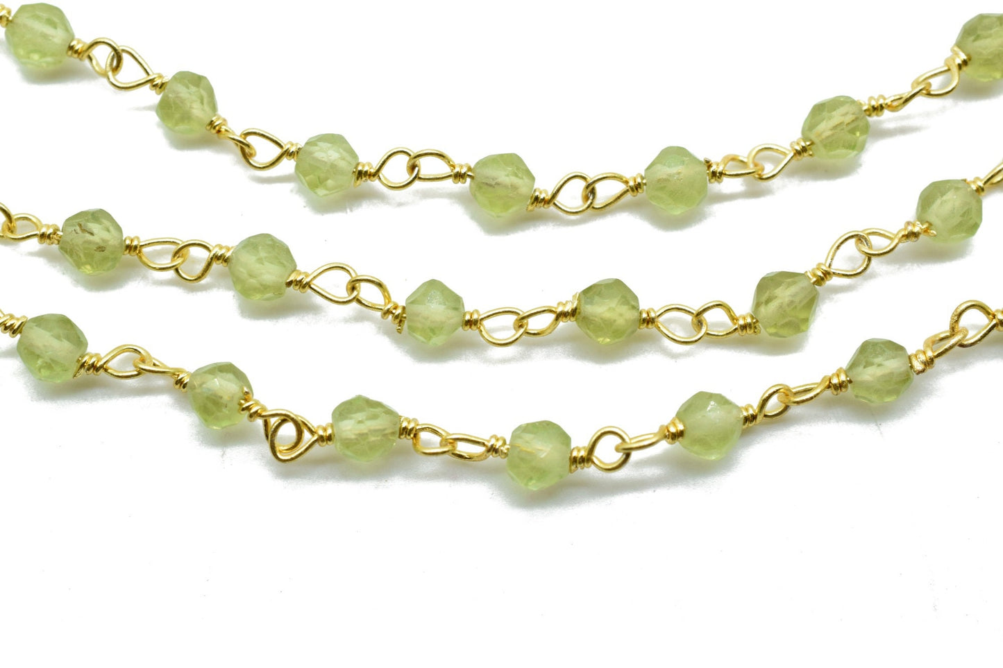 Peridot 3mm Beaded Chain,Faceted Peridot Rosary Style Beaded Chain, Premier quality Non Tarnish Chain in Gold,Beaded Chain -Chain PER FOOT