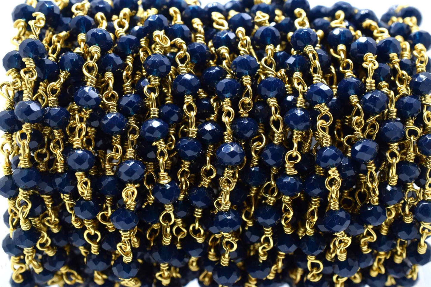 Blue Agate 3mm Beaded Chain,Blue Agate Rosary Chains,Blue Agate Gold Plating Wire Wrap Chain,Brass chain,Jewelry Making Chain,Rosary chain