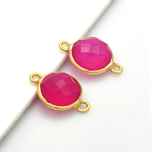 Pink chalcedony 10mm Round Bezel double connector,Chalcedony Gold Plated bezel,chalcedony Bezel,Gold Vermeil Bezel,jewelry Gold-Filled bezel