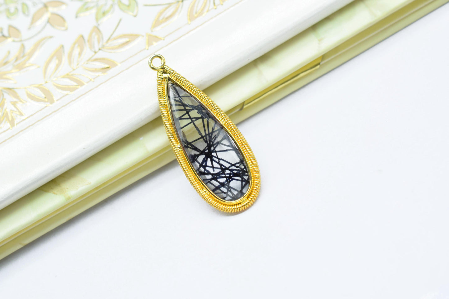 Black Rutile 10x30mm Charms,Gemstone Bezel connector,Teardrop Charms connector,Single Bail Pendant Charm,Handmade Charms,Component pendant