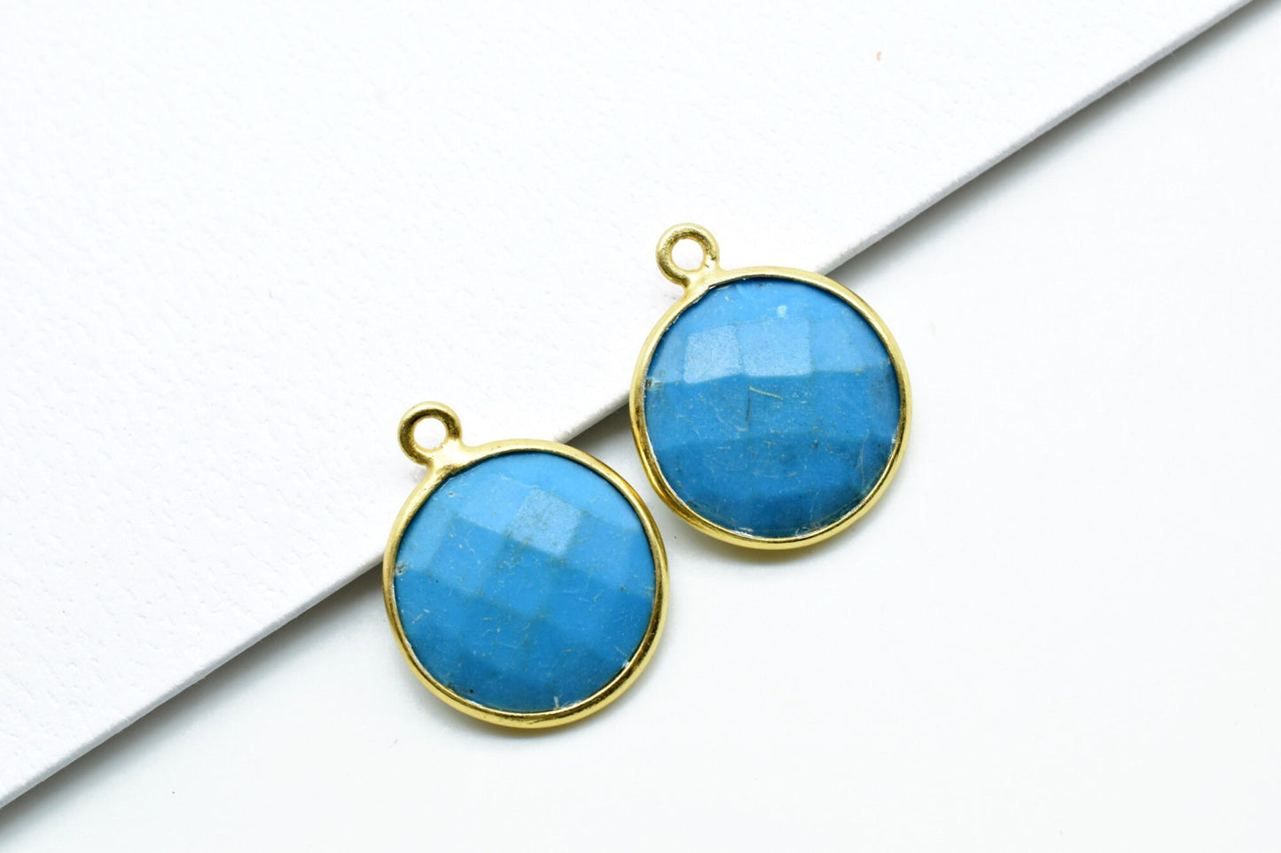 Natural Turquoise 14mm Round Single bail connectors,Turquoise Pendant,Faceted Turquoise bezel link,Gemstone Charm,Gemstone Pendant, charms