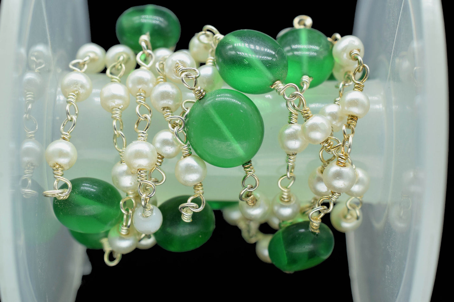 Emerald Quartz Oval Shape Rosary Chain,Pearl Beaded Rosary Chain,Finding Wire Wrap Necklace Chain,Pearl Rosary Chain,Jewelry Making Gift For