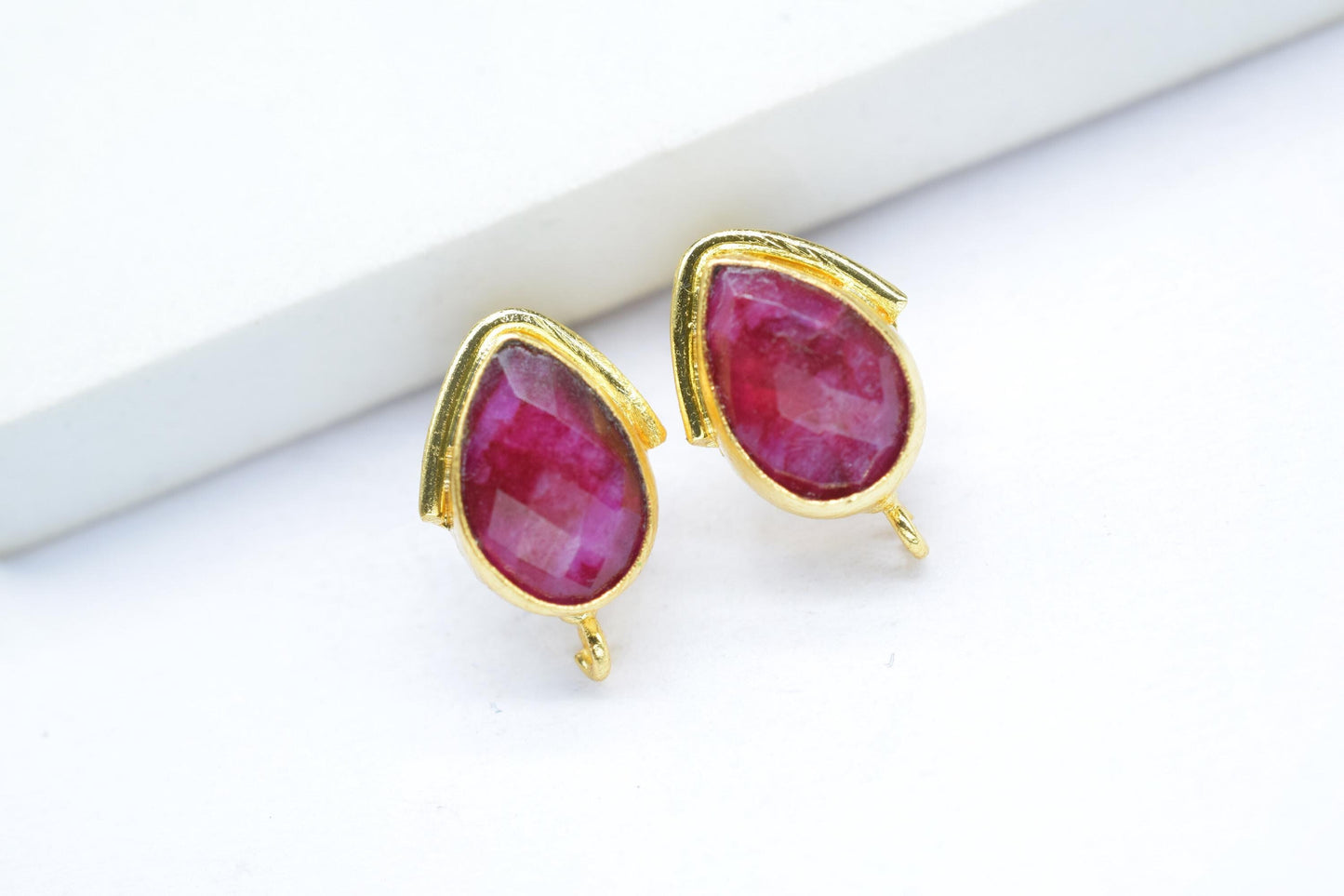 Ruby Studs Connector/Gold Plated Earring/Handmade Studs/Bezel Set Studs/Teardrop Earring/Women Jewelry/Connector Studs/B'day Gift