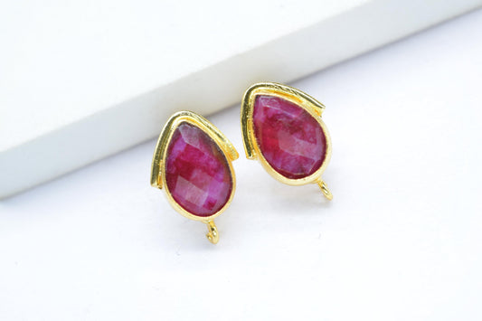 Ruby Studs Connector/Gold Plated Earring/Handmade Studs/Bezel Set Studs/Teardrop Earring/Women Jewelry/Connector Studs/B'day Gift