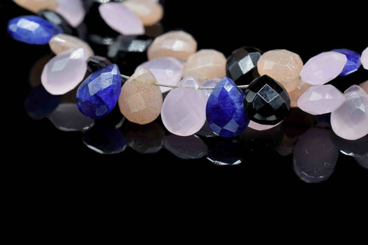 Multi Stone Pear Shape Briolette,Peach Moonstone Briolette, 6x8mm Teardrop,Black Onyx Briolette,Rose Quartz Teardrop, 8''Pear Shape Strand