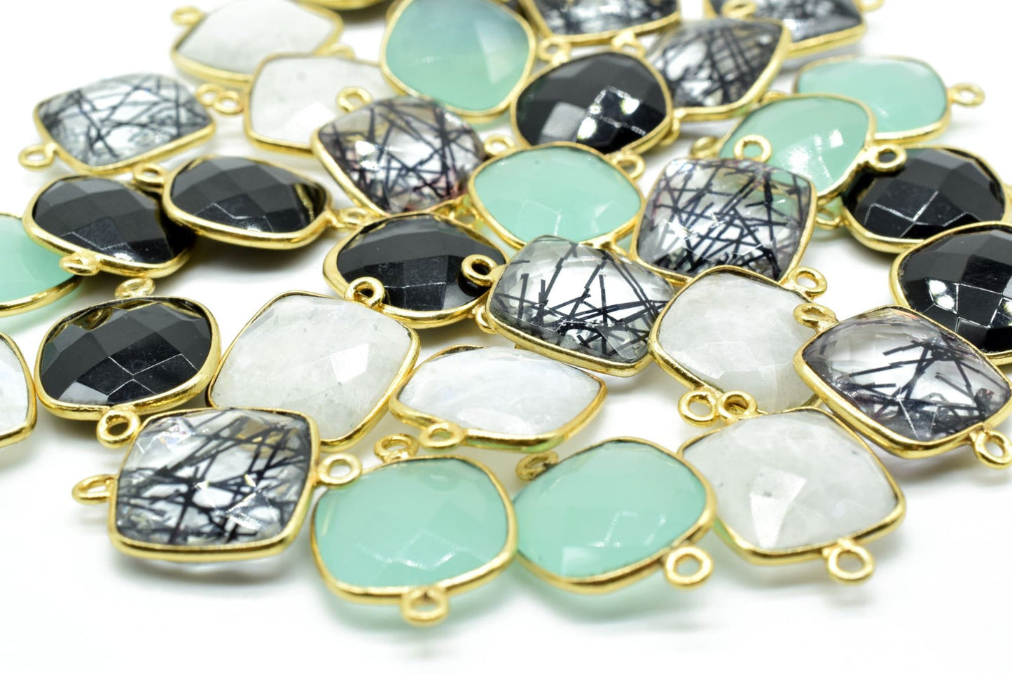 Black Onyx 14mm Cushion double bail connectors,Black Onyx Bezel Findings Cushion Charms,Black Onyx Cushion Gold Plated Shape Connector,