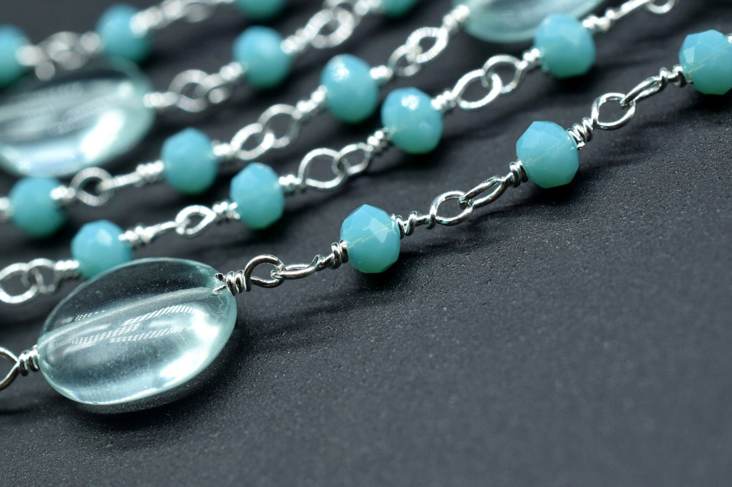 Natural Sky Topaz Smooth Oval Rosary Style Beaded Chain,Gold Plated Wire Wrapped Chain,Gemstone Linked Handmade Chain,Jewelry Making,