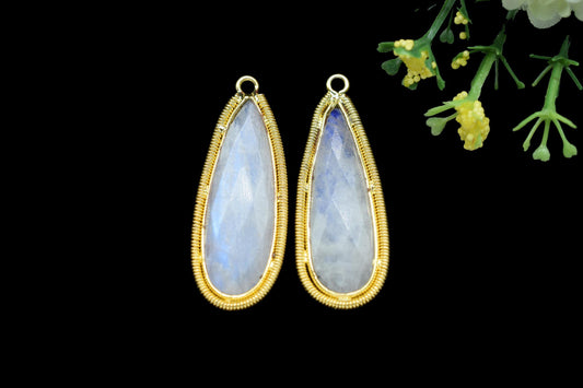 Moonstone 10x30mm Charms,Gemstone Bezel connector,Single Bail Pendant Charm,Handmade pendant Jewelry,Teardrop Charms connector,Bday Gift