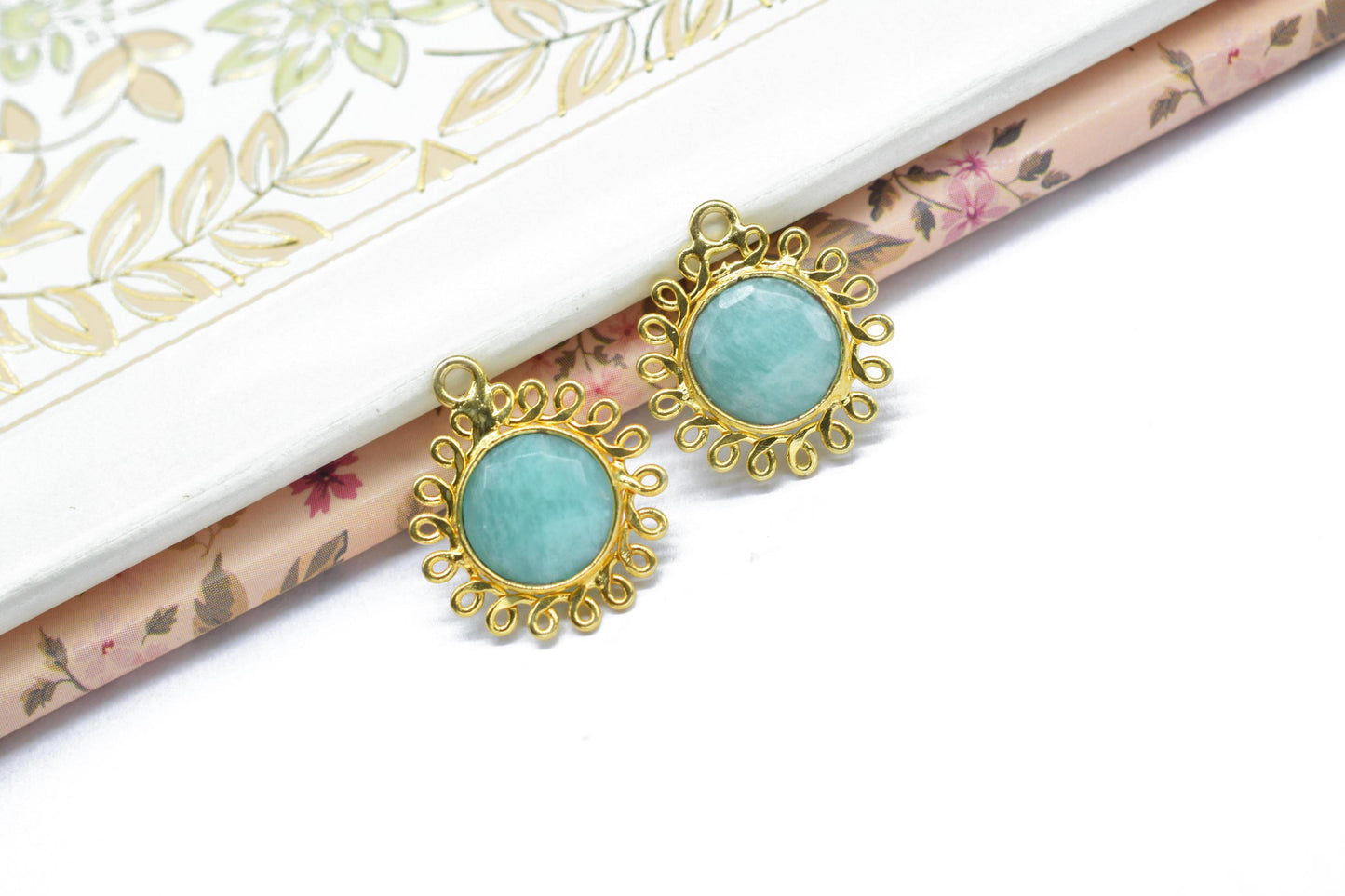 Amazonite 10mm Round Bezel Charm,Gemstone Brass Component,Single Bail Pendant,Round Faceted charms,Handmade Jewellery Connector,Bday Gift