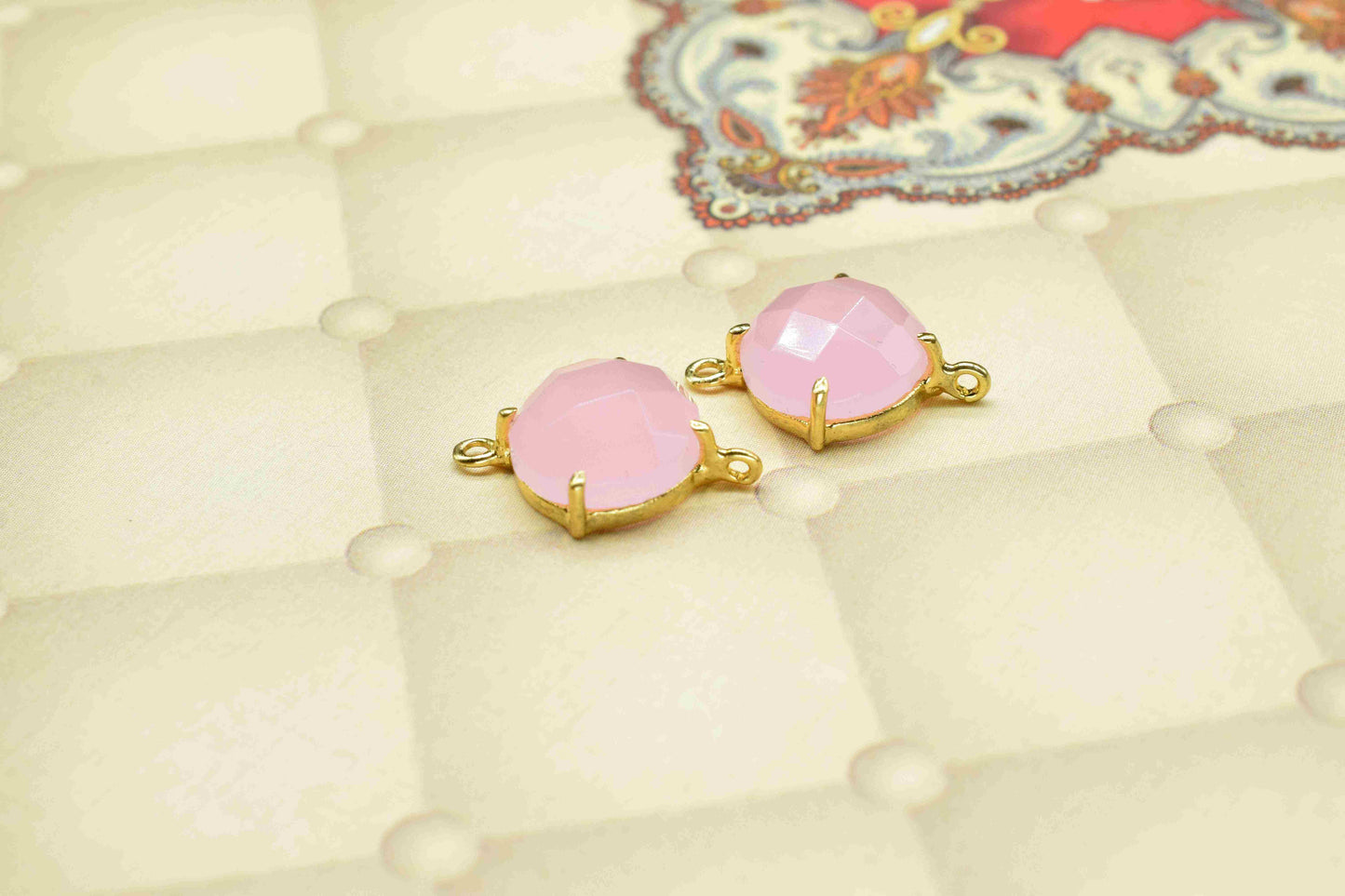 Rose Quartz Round Connector,double bail connector,Rose Quartz jewelry,Handmade Gemstone Bezel,Pink Quartz Prong Bezel Connector Jewelry,Gift