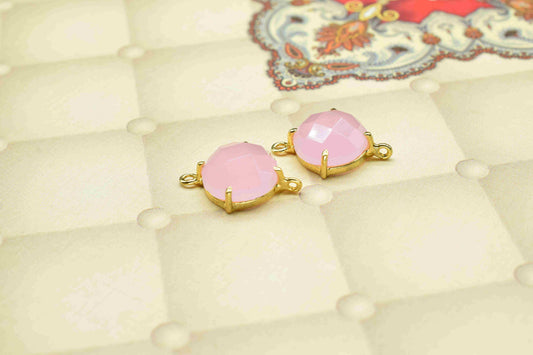 Rose Quartz Round Connector,double bail connector,Rose Quartz jewelry,Handmade Gemstone Bezel,Pink Quartz Prong Bezel Connector Jewelry,Gift