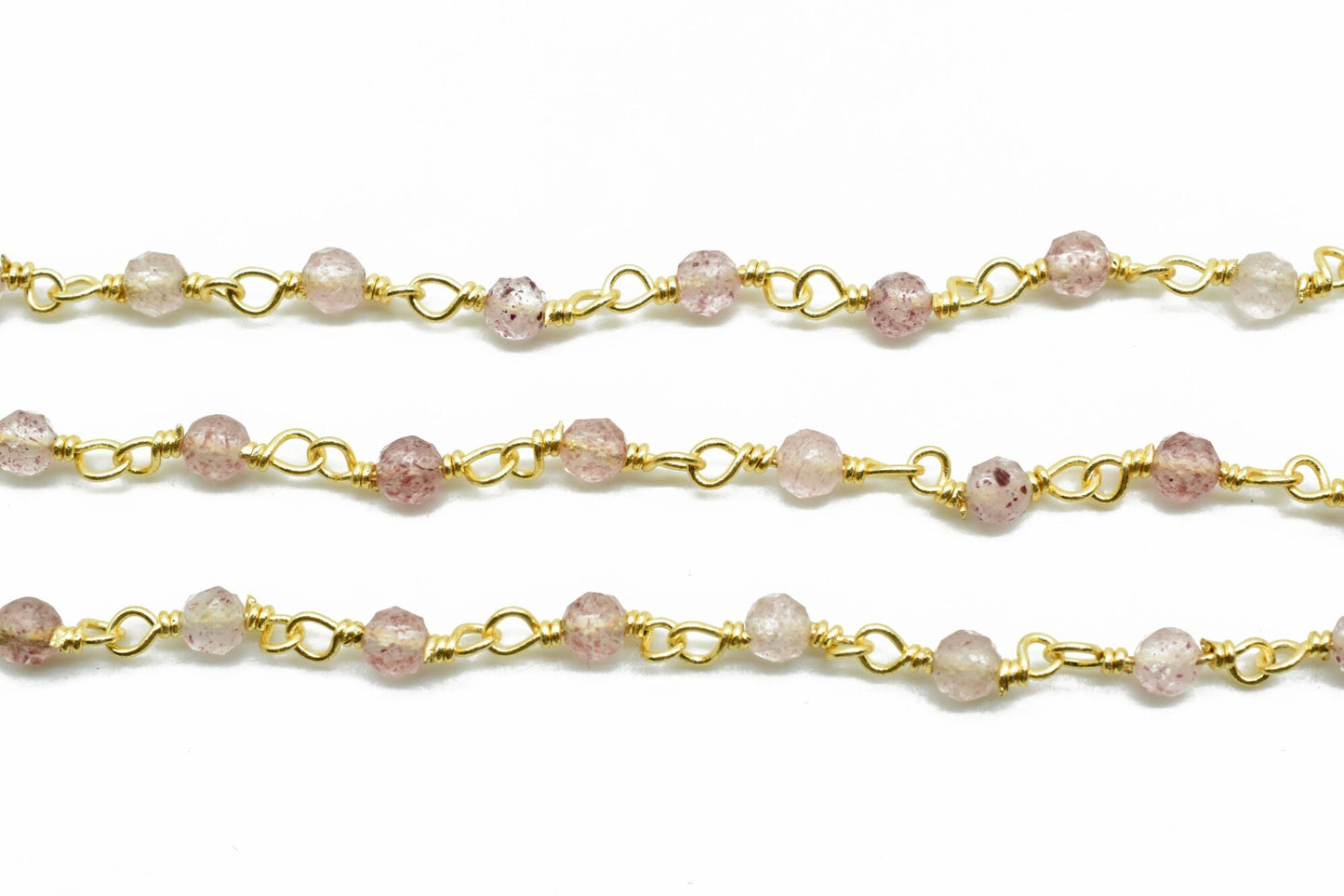 Berry Quartz 3mm Beaded Chain,Berry Quartz wire wrapped chain,Gold chain,rosary chain,jewelry making supplies,Gold Plated Wire Wrapped Chain