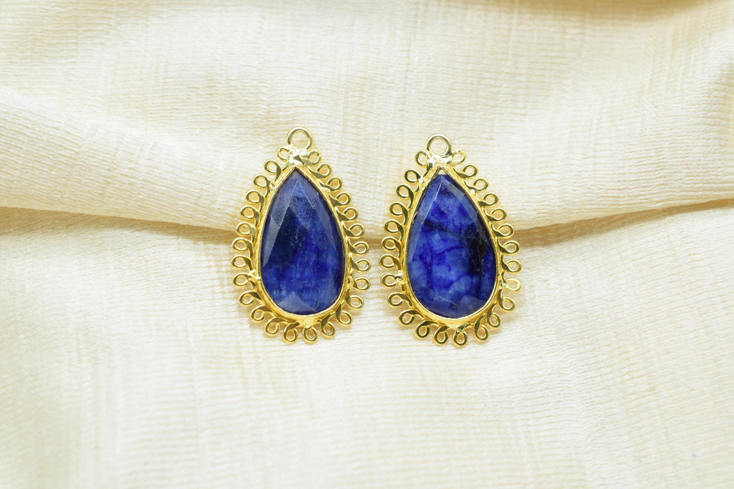 Blue Sapphire 12x20mm Teardrop Bezel Charms,Gemstone Brass Component,Wholesale Jewelry,Single Bail Pendant,Handmade Jewellery Connectors,