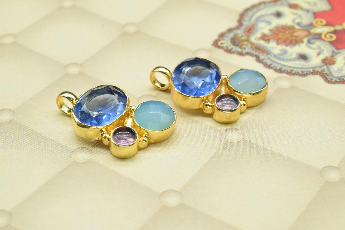 Three Stone Pendant,Handmade Pendant,Aqua Quartz Pendant,Boho Pendant,Brass Pendant Charm,Tanzanite Pendant,Gemstone Pendants jewelry Gift