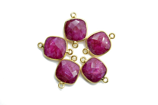Ruby 12mm Cushion shape Double bail connector,Ruby Pendant,Ruby cushion Gold Plated bezel,Ruby Double loop connector,jewelry making charms