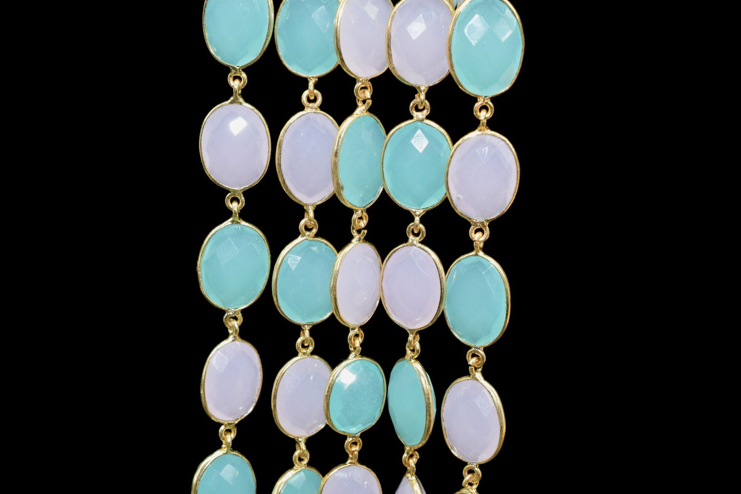 Aqua Chalcedony & Pink chacledony oval Connector Chain,Chalcedony Gold Bezel Connector Chain,Gemstone Gold Plated Rosary Chain,Bezel chains